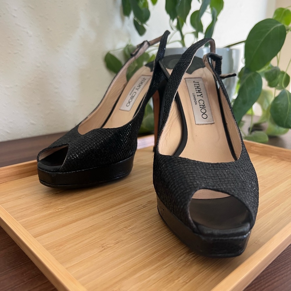 Jimmy Choo “NOVA” Glittery textured leather sling back.